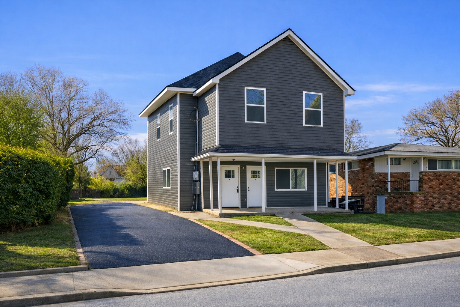 Renovated home exterior in Chattanooga with new siding and driveway