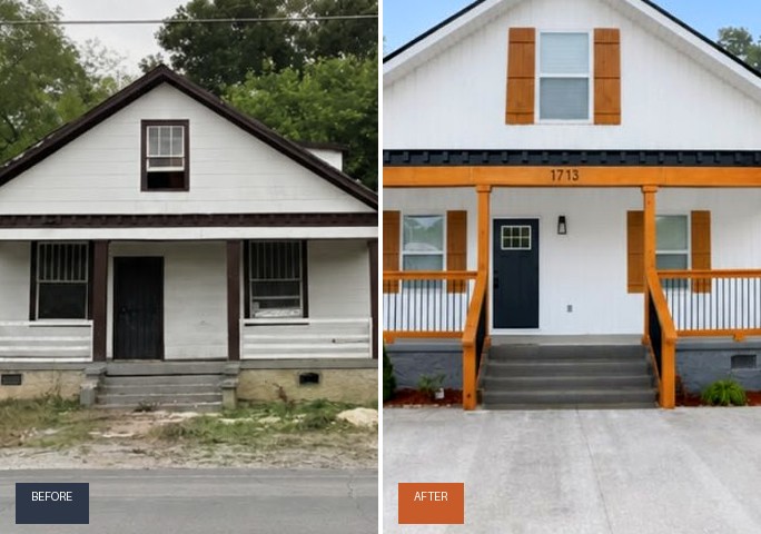 Before and after exterior renovation at 1713 S Orchard Knob in Chattanooga — worn cottage transformed with new siding, porch, and driveway