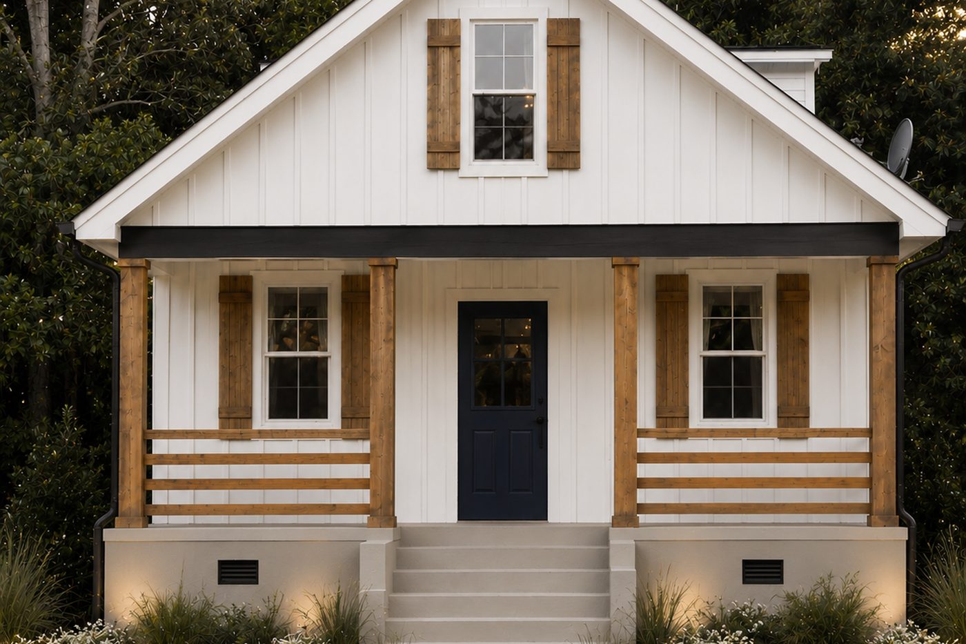 Completed exterior renovation in Chattanooga — full transformation from neglected cottage to modern farmhouse